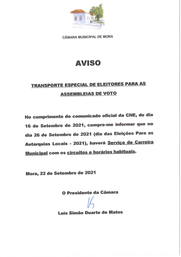 Aviso - Transporte Especial de Eleitores para as Assembleias de Voto
