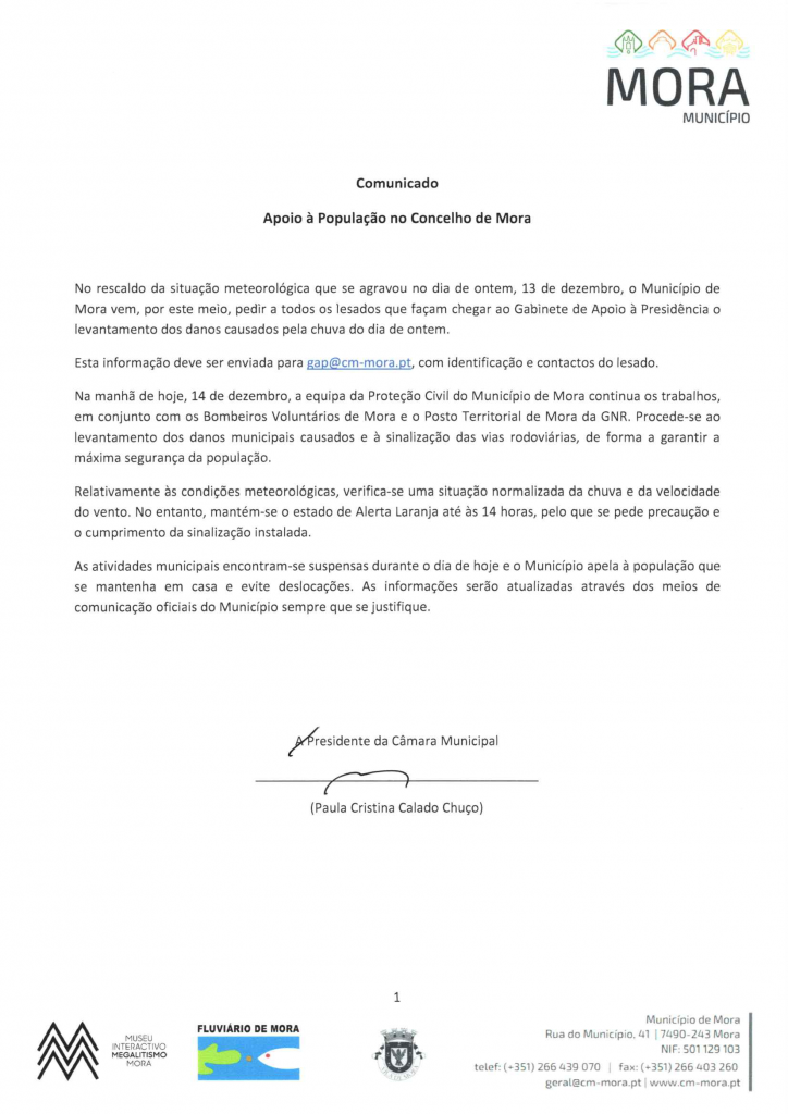 Comunicado - Apoio à população no Concelho de Mora